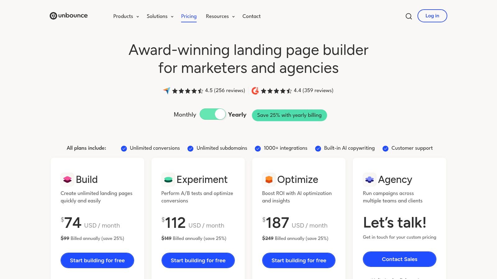 Unbounce platform interface showing landing page creation tools