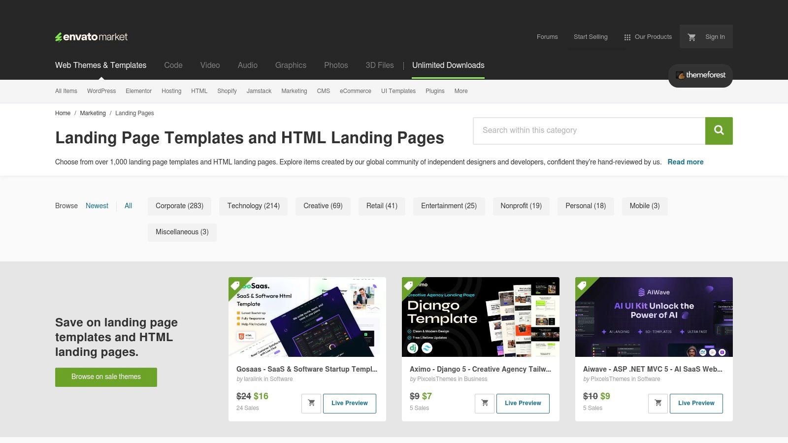 ThemeForest (Envato Market) – Landing Page Templates Marketplace