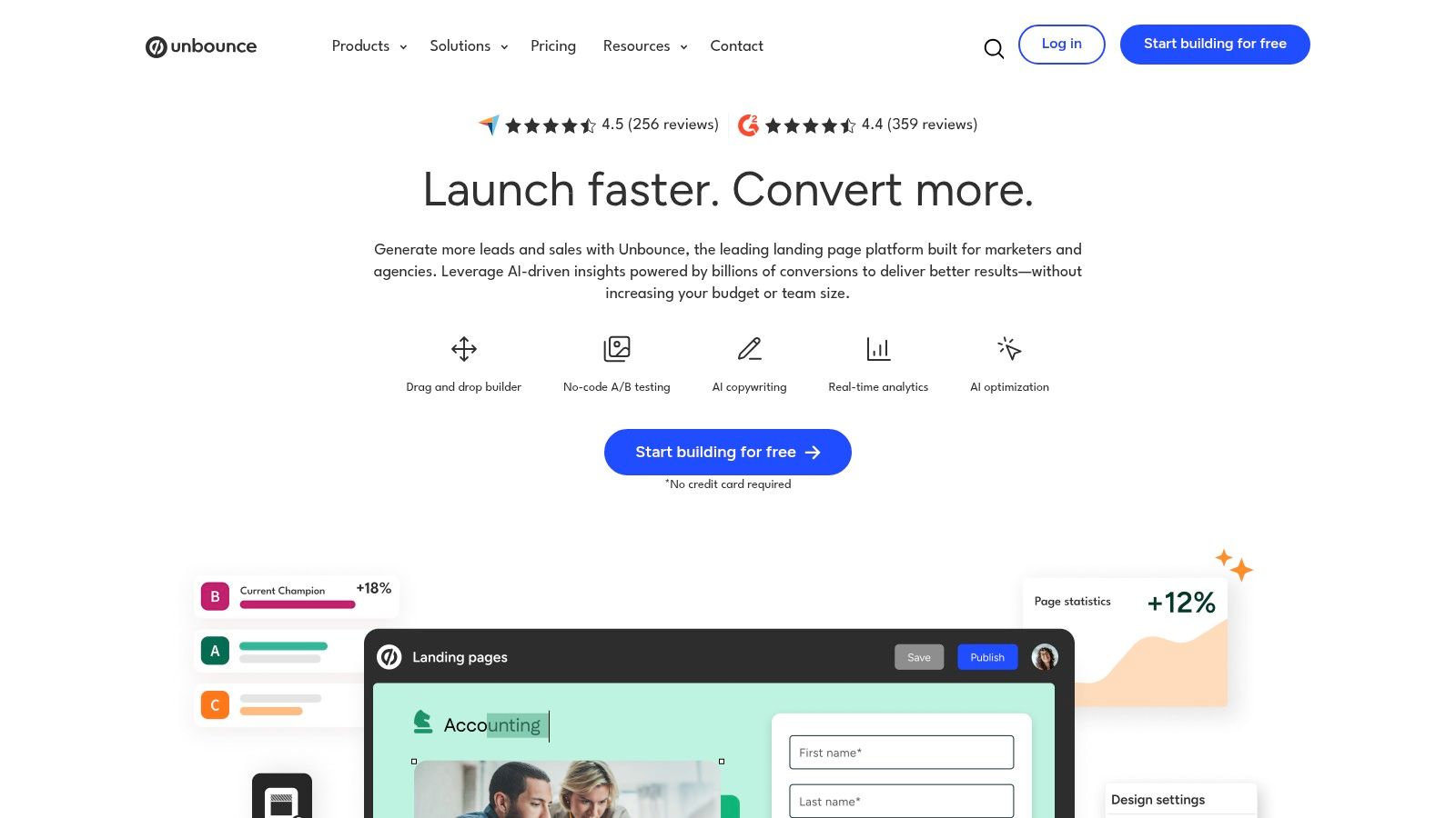 Unbounce landing page builder interface showing a template for a course.