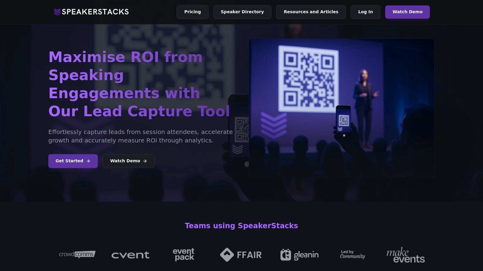 SpeakerStacks landing page example showing a QR code integration for lead generation