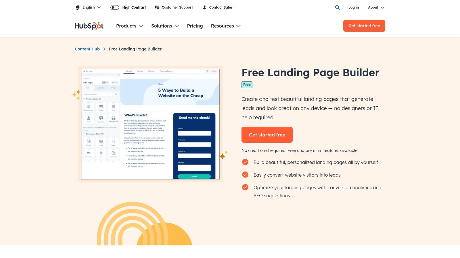 HubSpot landing page builder showing its drag-and-drop interface and form integration