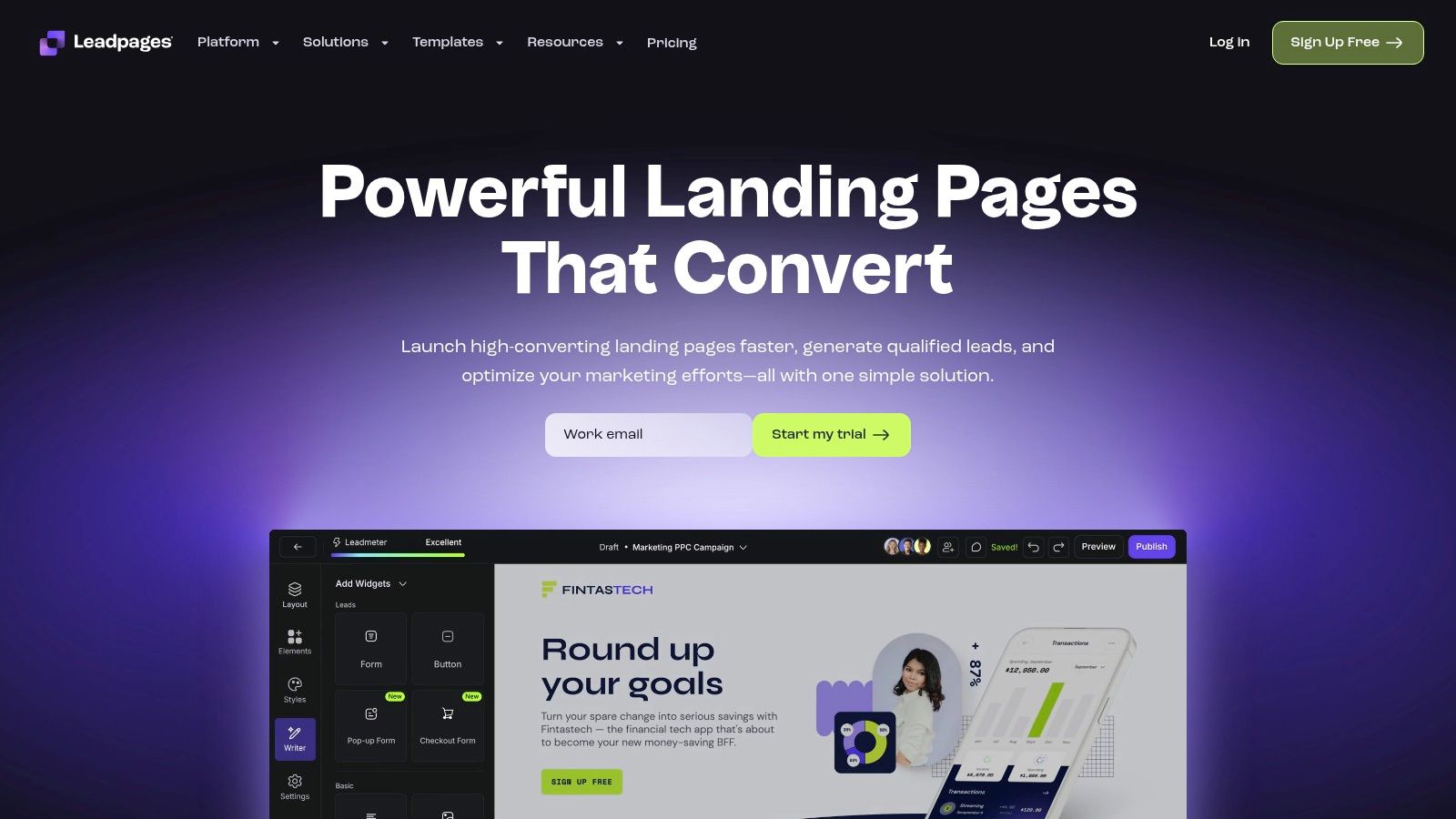 Leadpages landing page builder interface showing template options
