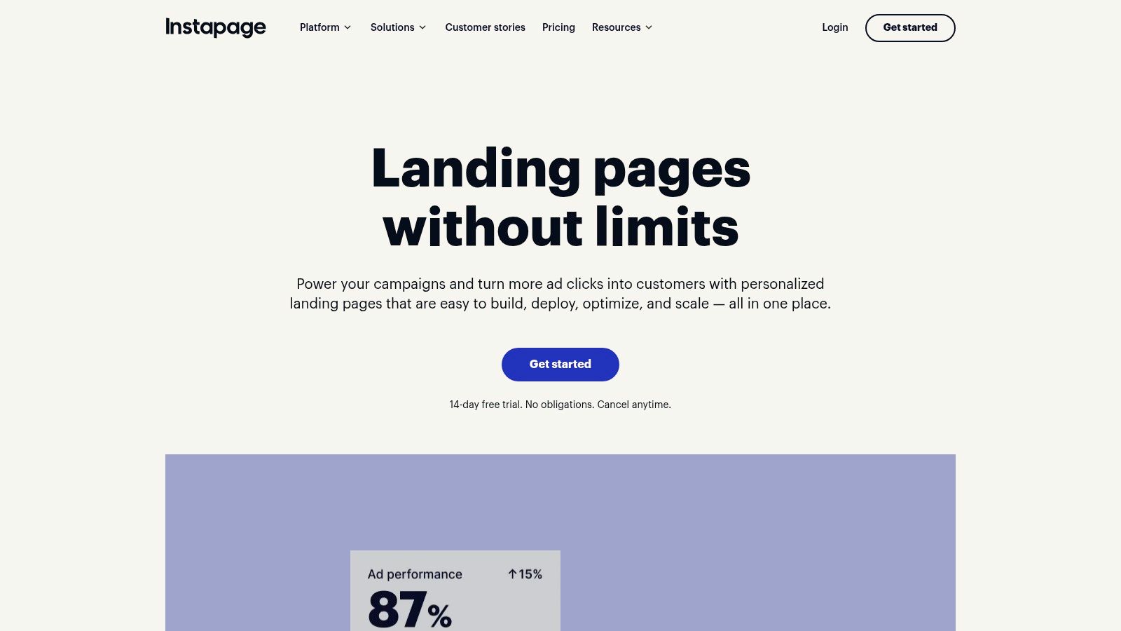 Instapage landing page builder interface showing its features for creating lead generation pages