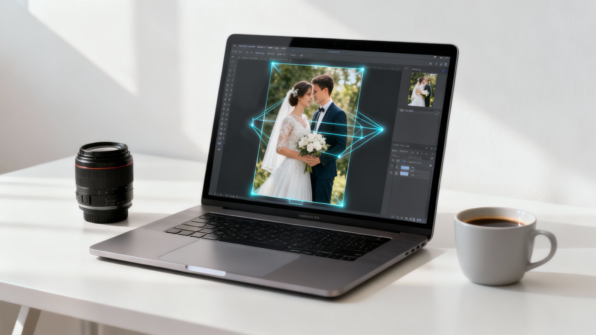 Mastering Lightroom Presets for Weddings 3 AI editing a photo on a futuristic interface