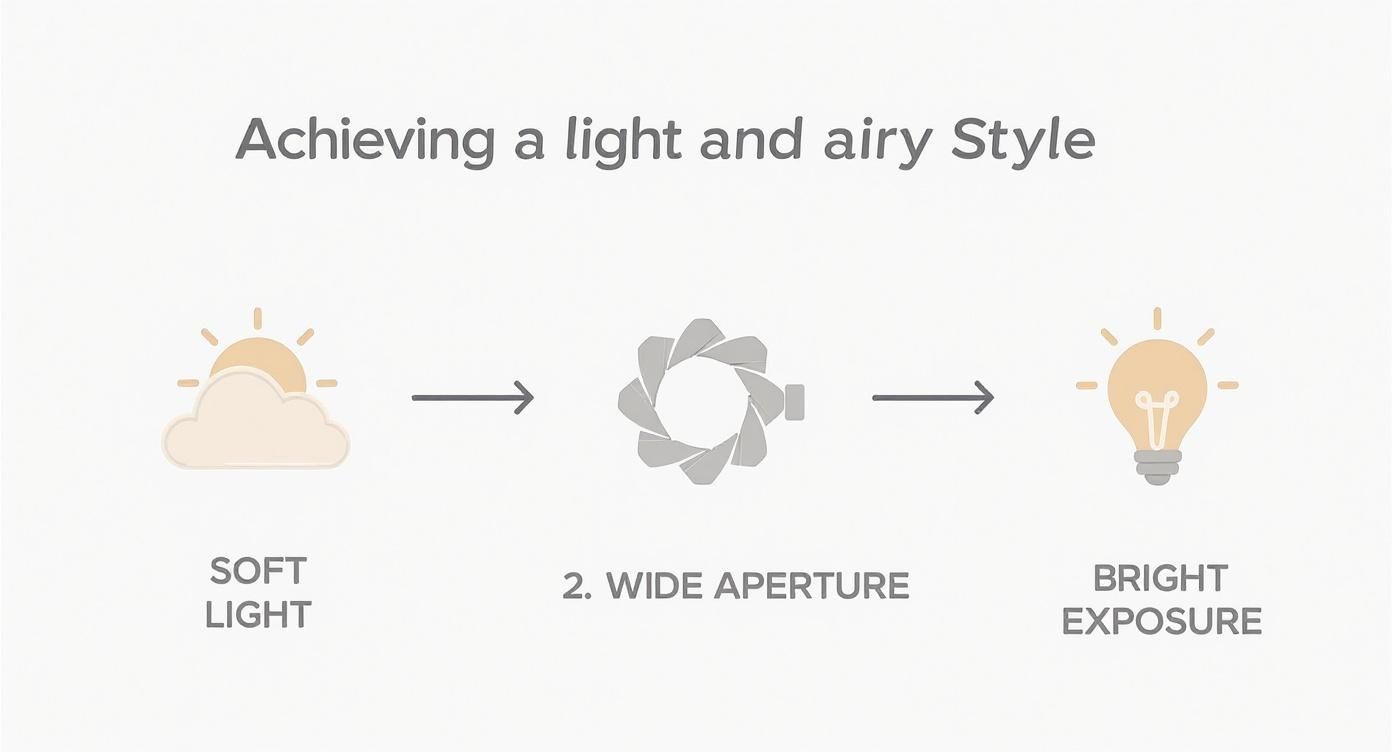 A Photographer's Guide to Light and Airy Presets 3 Photography diagram showing progression from soft light through wide aperture to bright exposure for airy style