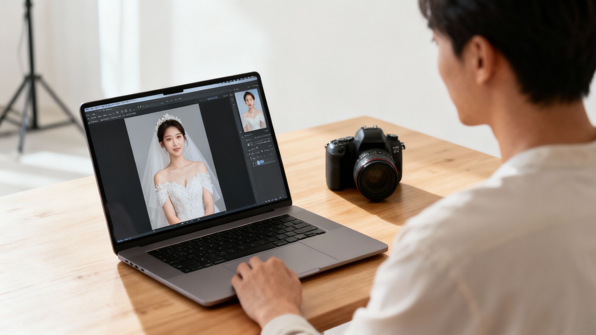 Wedding Photography Presets for Lightroom Explained 1 A photographer editing wedding photos on a laptop using Lightroom presets.