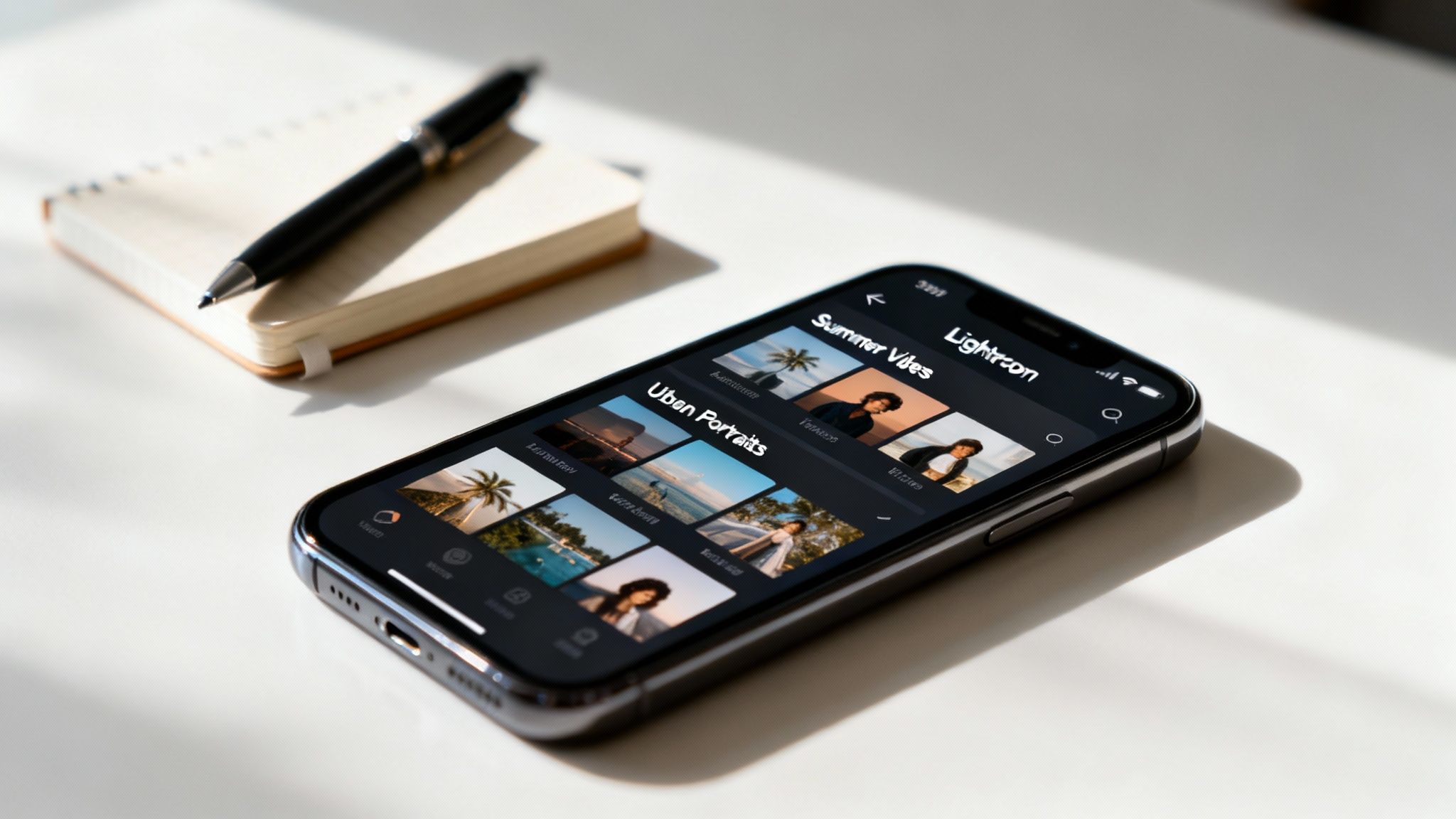 How to Install Presets in Lightroom Mobile a Guide 2 A person's hand holding a smartphone displaying an organized Lightroom Mobile interface with neatly arranged preset folders.