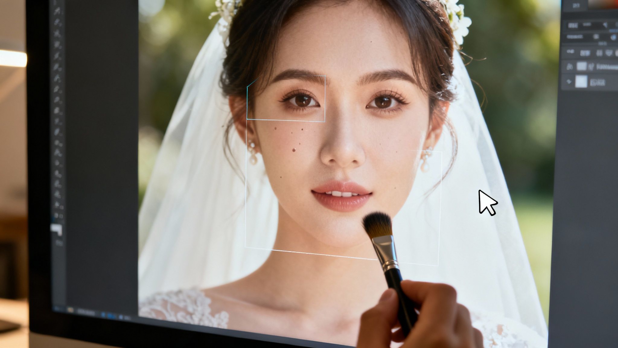 How to Edit Wedding Photos Like a Pro 4 A close-up shot of a wedding photographer using a tablet to retouch a portrait, focusing on subtle skin smoothing.