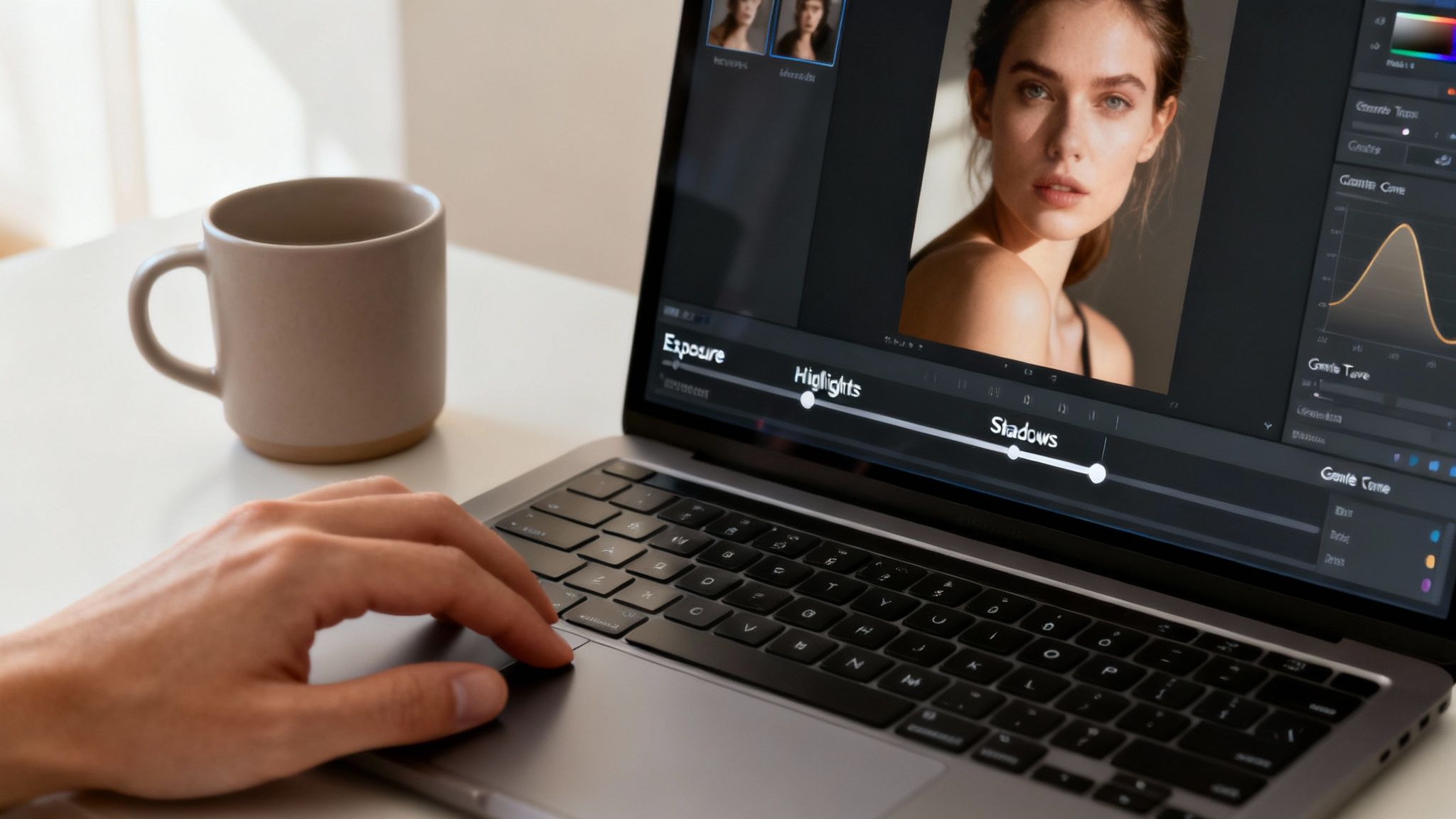 A Photographer's Guide to Light and Airy Presets 2 Photo editor adjusting exposure highlights and shadows sliders on laptop for portrait retouching