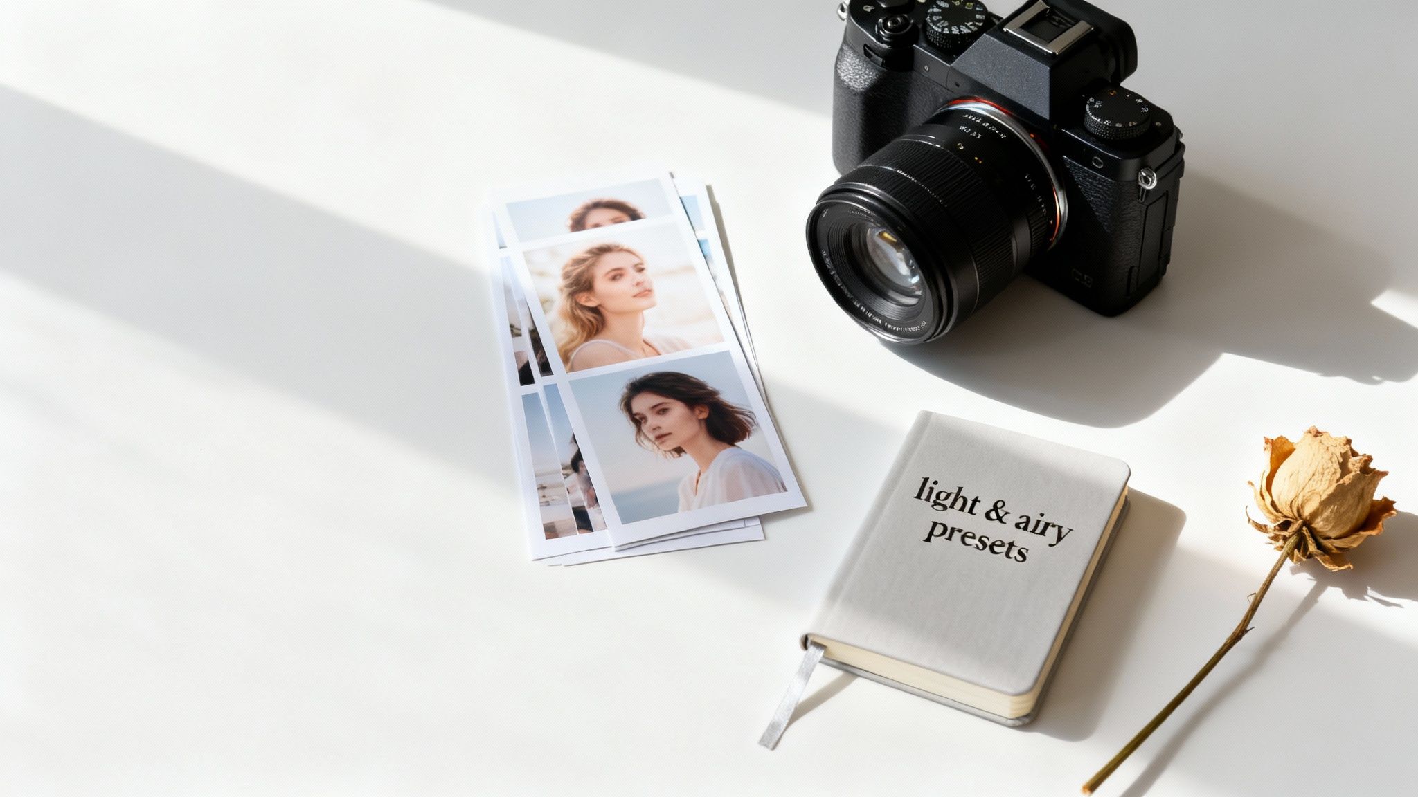 A Photographer's Guide to Light and Airy Presets 1 Professional camera with portrait photos and light and airy presets notebook on white desk