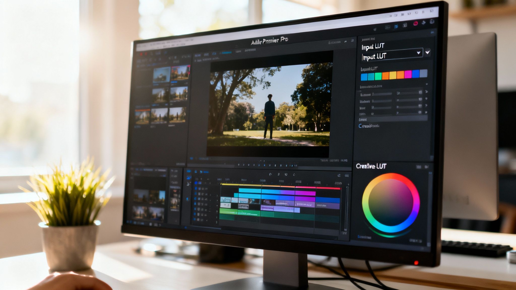 Master Cinematic LUTs Premiere Pro – Enhance Your Videos 3 A video clip being edited in Premiere Pro, with the Lumetri Color panel open on the side, demonstrating where to apply cinematic LUTs.