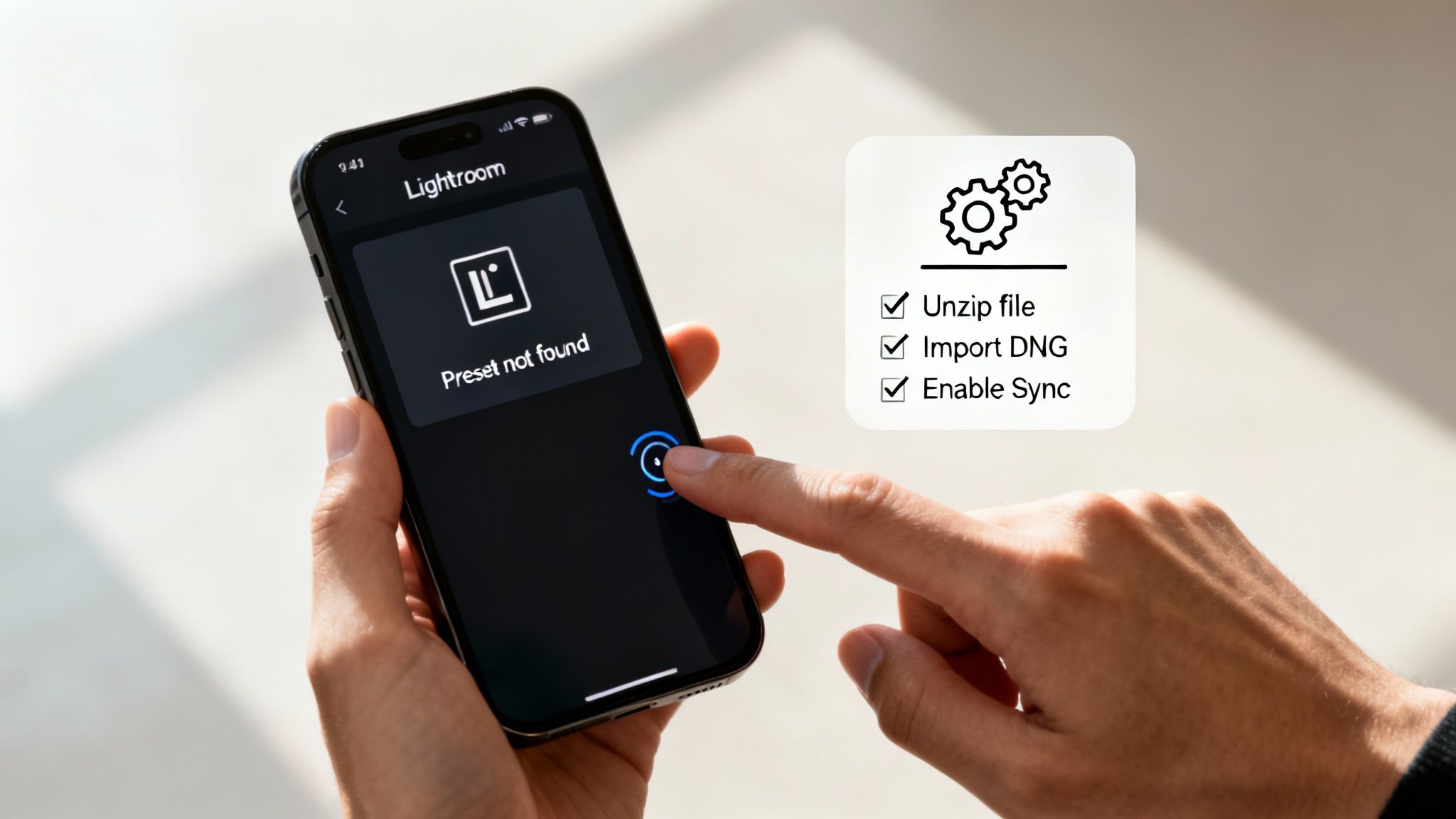 How to Install Presets in Lightroom Mobile a Guide 3 A close-up of a smartphone screen showing the Lightroom Mobile app with an error message, symbolizing a common installation problem.