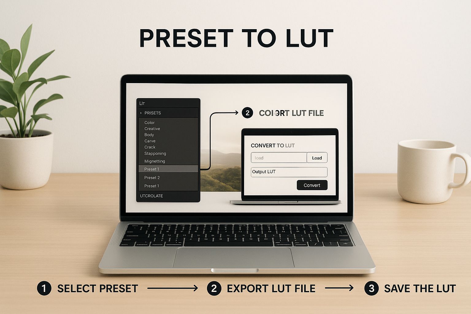 Convert Lightroom to LUT for Consistent Color Grading 2 Infographic showing the process of applying a Lightroom preset to a HALD image and then converting it to a LUT.