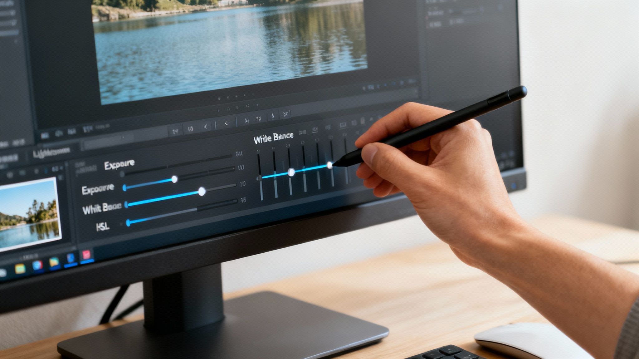 presets for adobe lightroom: elevate your edits 3 A close-up of a person's hands fine-tuning the sliders in Adobe Lightroom on a laptop screen.