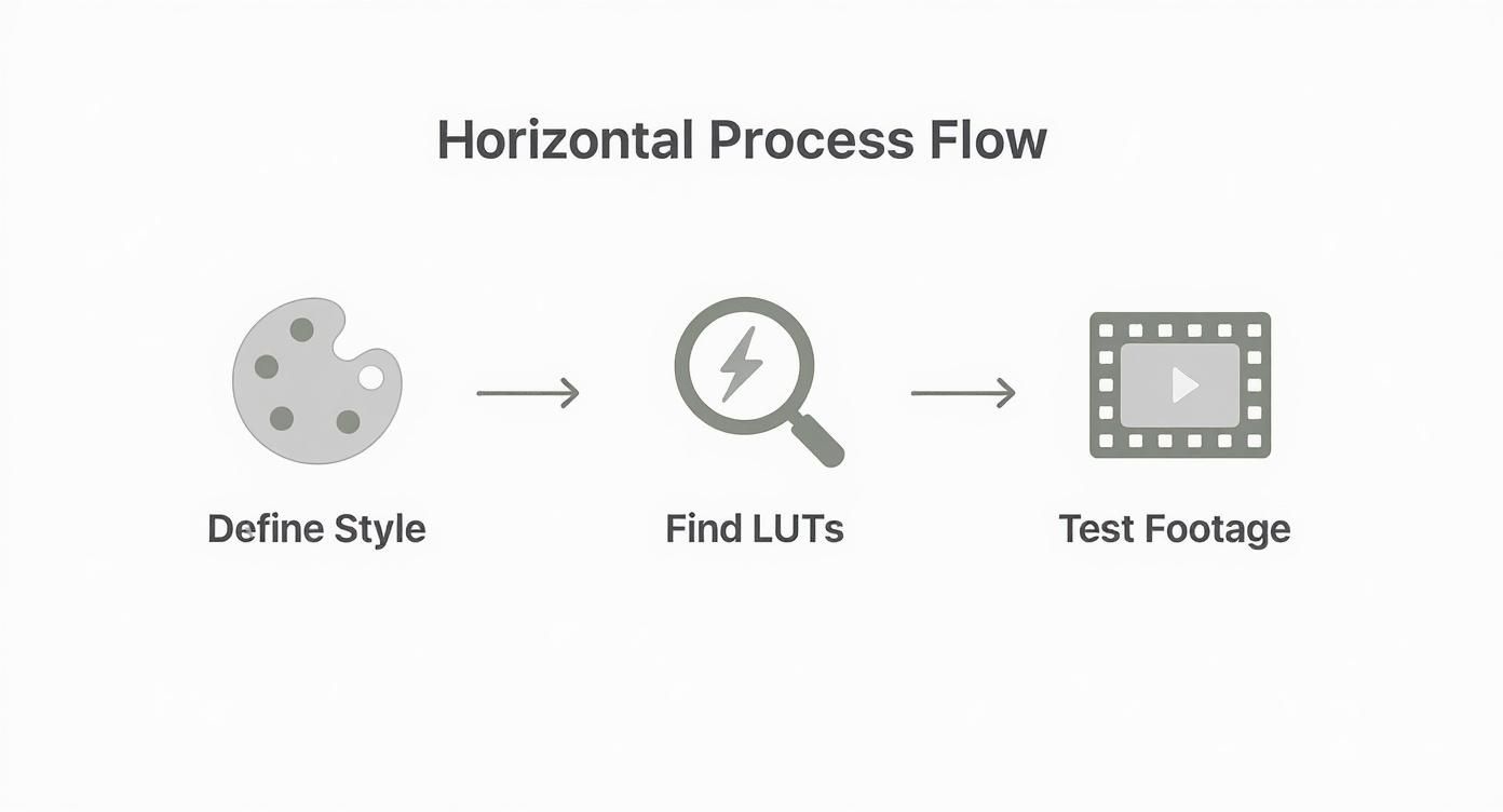 A Guide to Using a LUT for Wedding Videography 2 Infographic showing the three-step process for choosing a wedding LUT: Define Style, Find LUTs, and Test Footage.