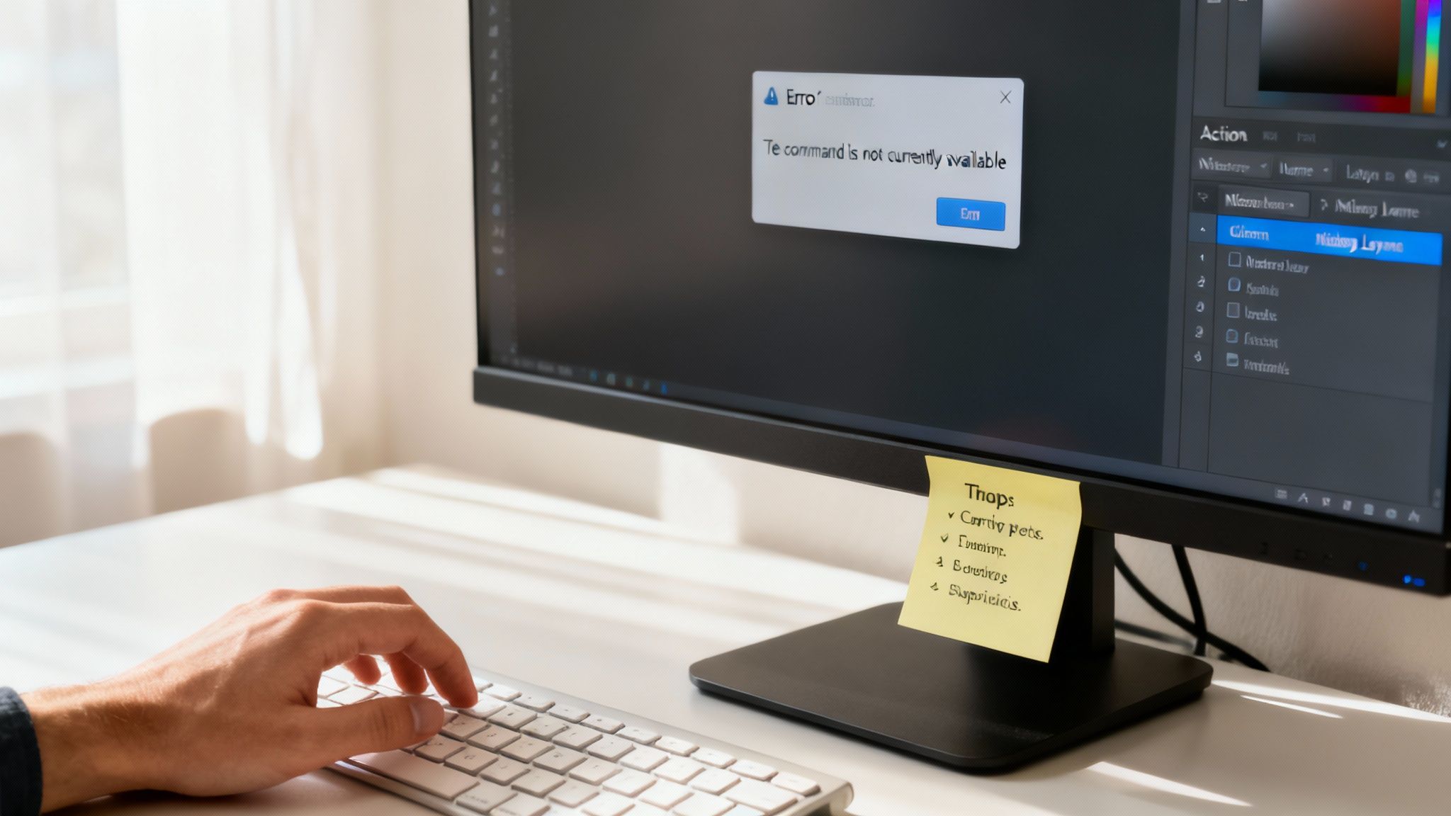Photoshop Actions for Photographers Made Simple 3 A person looking thoughtfully at a computer screen displaying a photo editing software error message.