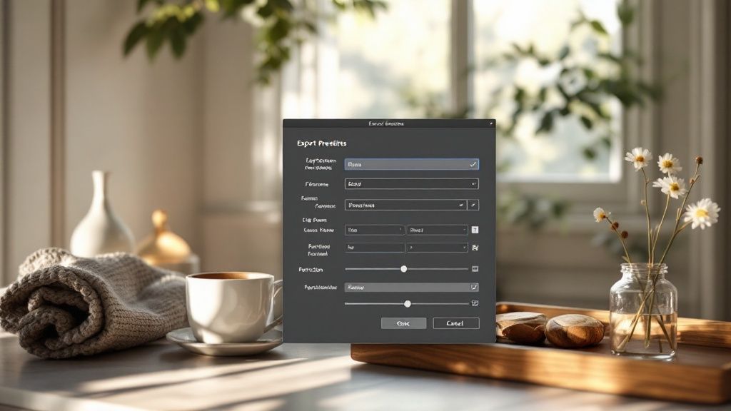 How to Export a Preset in Lightroom A Complete Guide 3 A modern desk setup with a laptop displaying the Lightroom CC interface, showing a grid of photos and a preset panel.