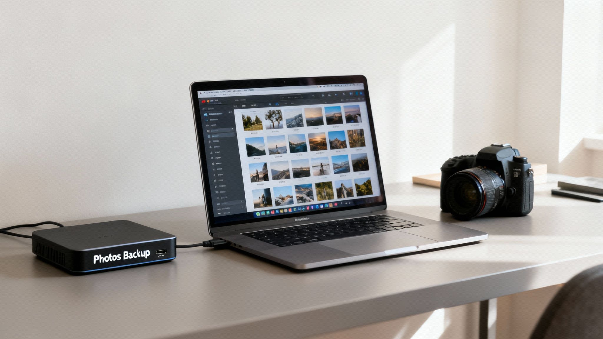 Digital Asset Management for Photographers Guide 1 A photographer's desk with a laptop displaying edited photos, surrounded by cameras and lenses, representing a well-organized digital workspace.