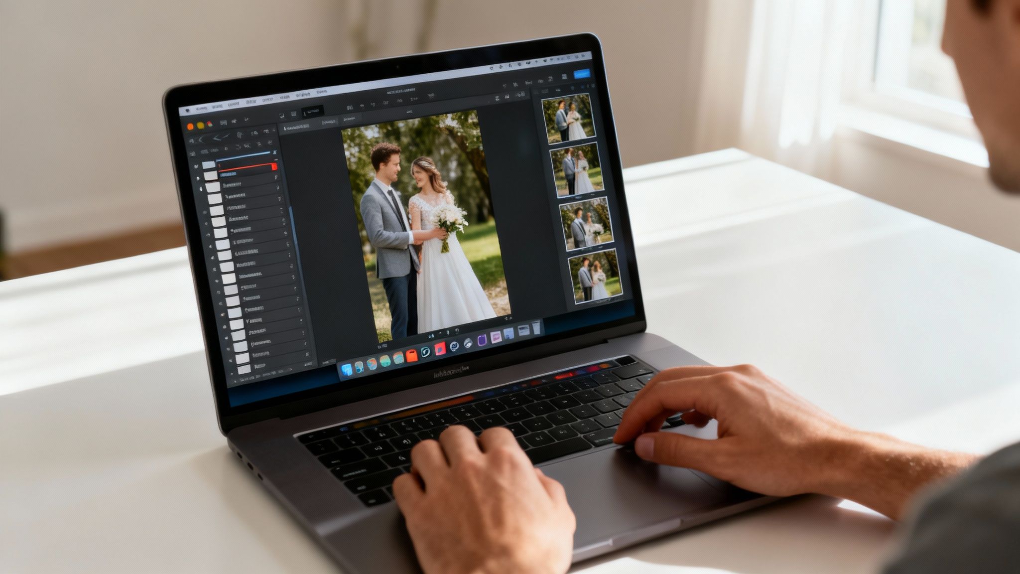How to Edit Wedding Photos Like a Pro 2 A split-screen view showing a photographer editing wedding photos on a computer with a color-calibrated monitor.