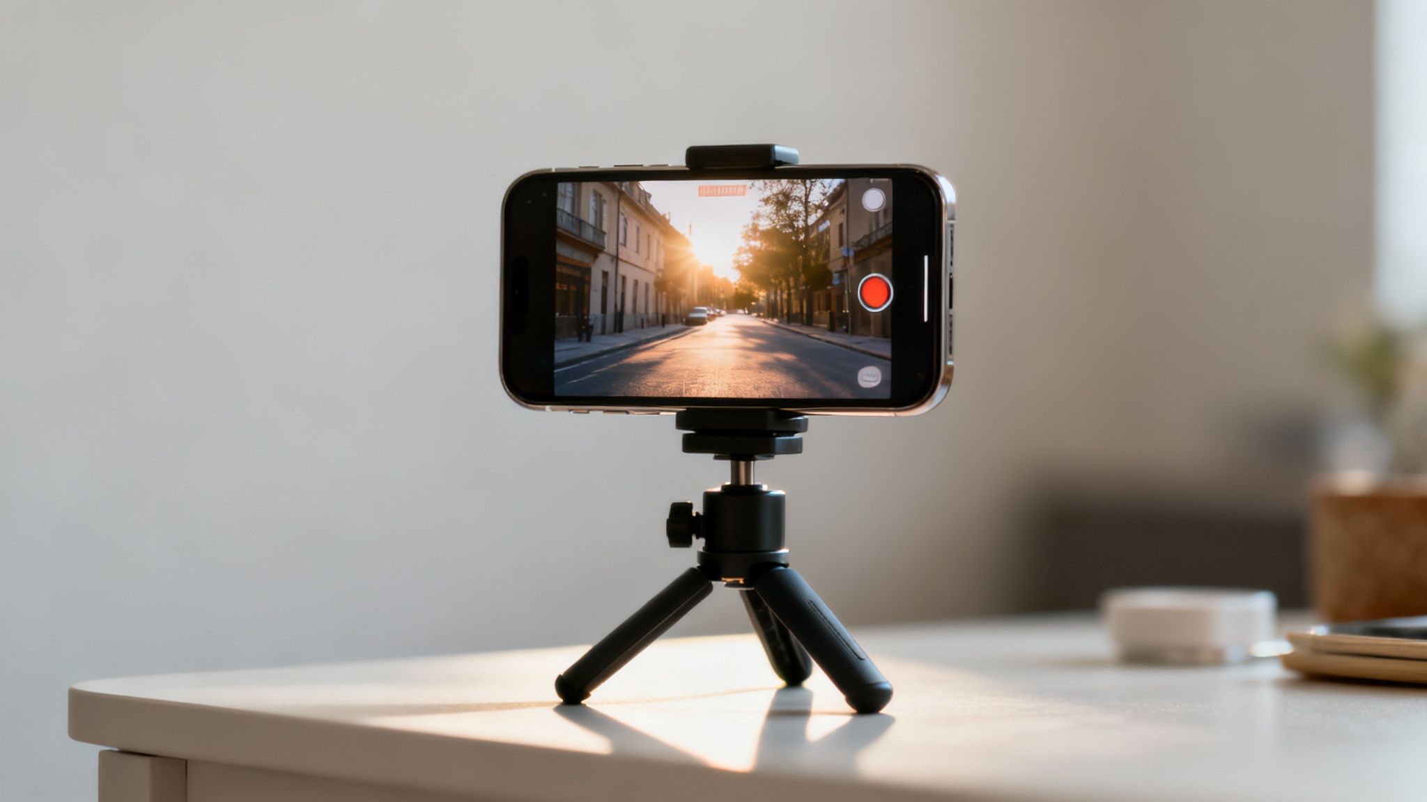 Cinematic LUTs for iPhone A Pro Filmmaking Guide 1 An iPhone on a tripod recording a cinematic video of a city skyline at sunset.