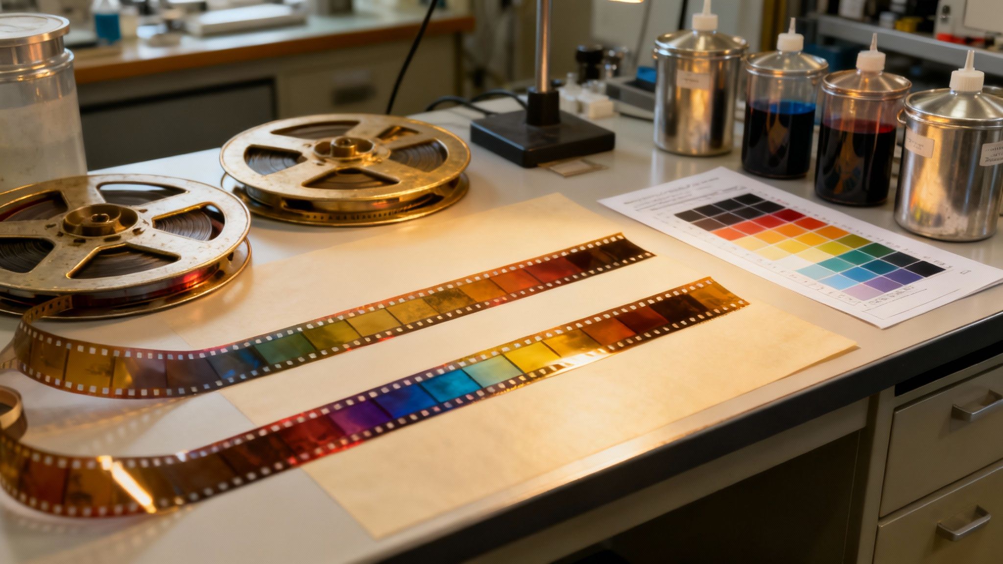 What is Color Grading in Photography? Transform Your Images 2 A vintage film reel and editing equipment, suggesting the early days of cinema and color manipulation.