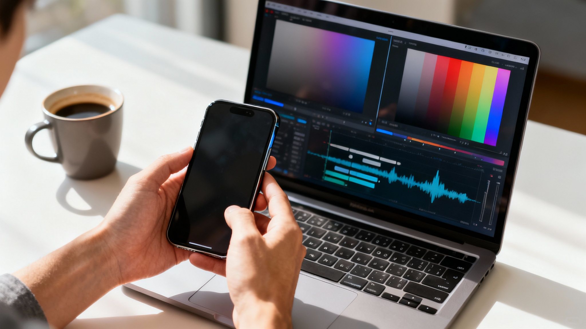Cinematic LUTs for iPhone A Pro Filmmaking Guide 3 A person's hands holding an iPhone, fine-tuning the color grade of a video in an editing app.