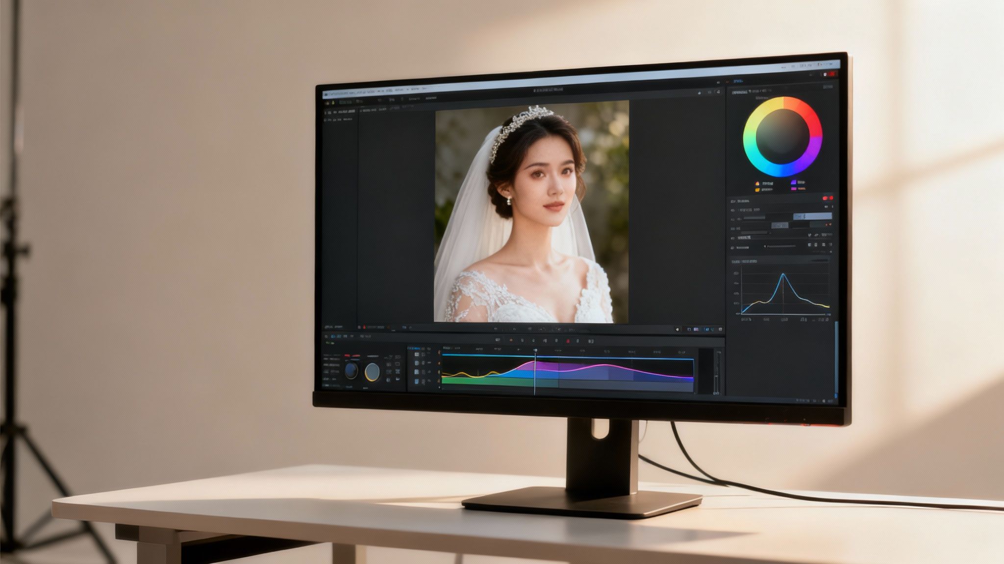 A Guide to Using a LUT for Wedding Videography 3 A videographer color grading wedding footage on a computer monitor.