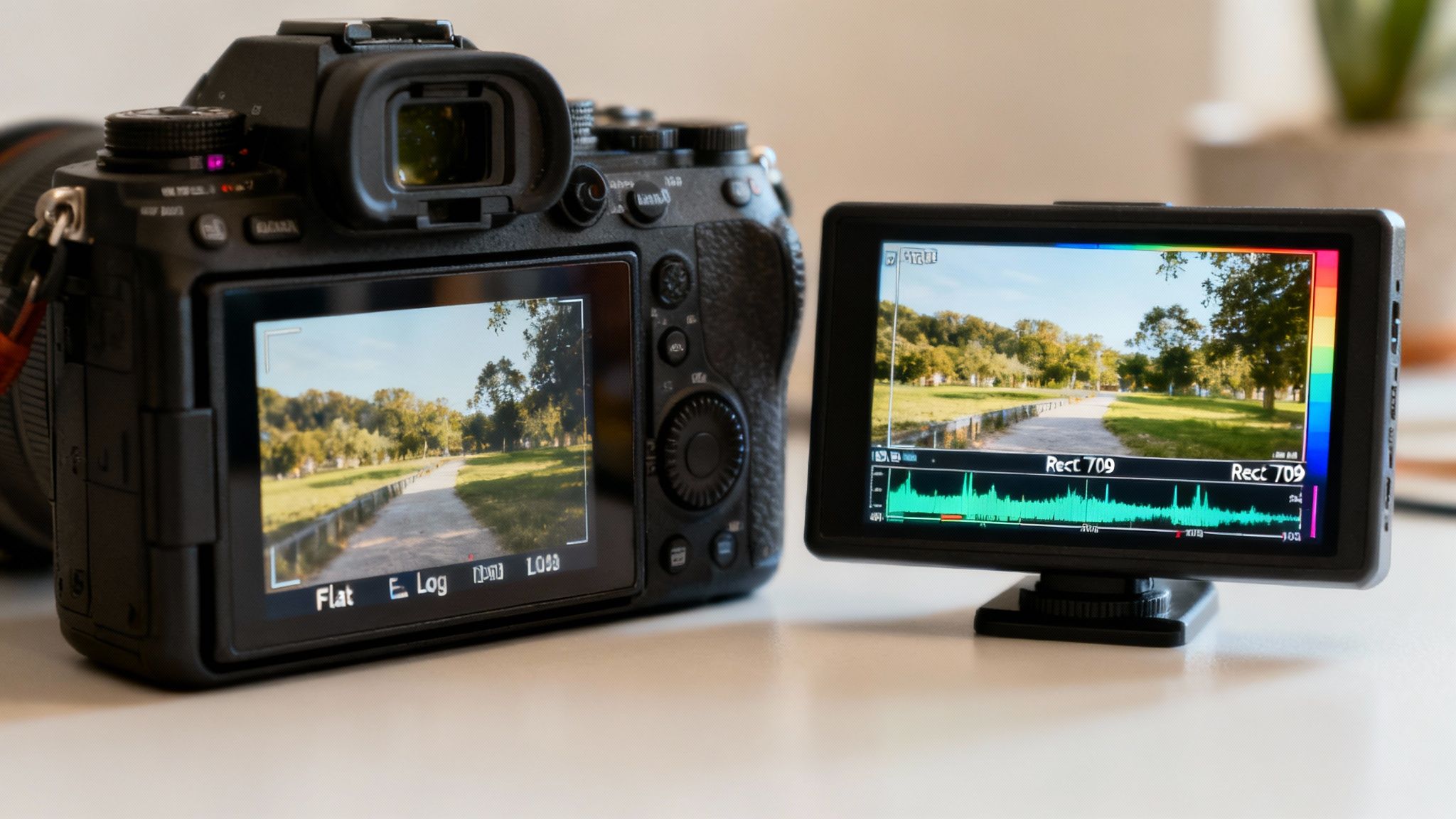 A Guide to the Rec 709 LUT for Perfect Color 2 A split-screen image showing the flat, low-contrast Log footage on one side and the vibrant, color-corrected Rec. 709 footage on the other.