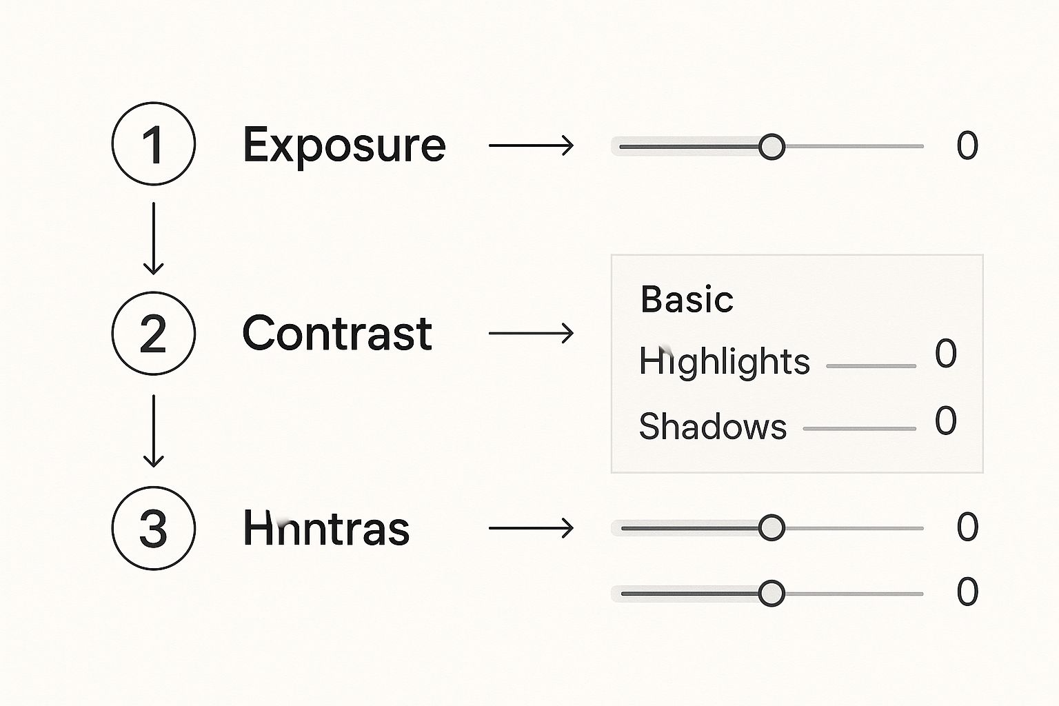How to Make Preset in Lightroom: Easy Step-by-Step Guide 2 Infographic showing Lightroom's Basic panel sliders for Exposure and Contrast at neutral positions.