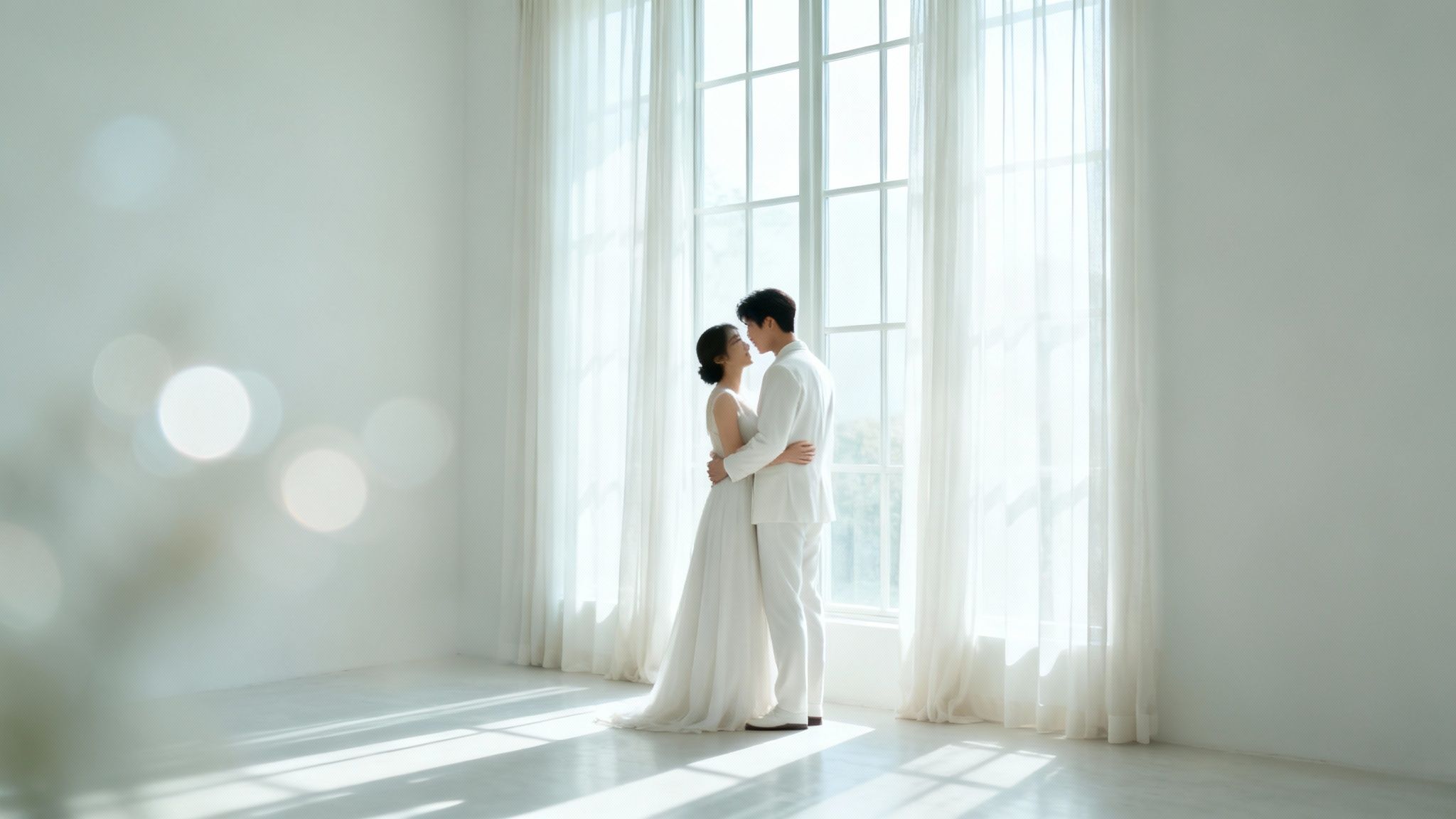 A Photographer's Guide to Light and Airy Presets 4 Couple in white attire embracing by tall windows with sheer curtains in bright minimalist room