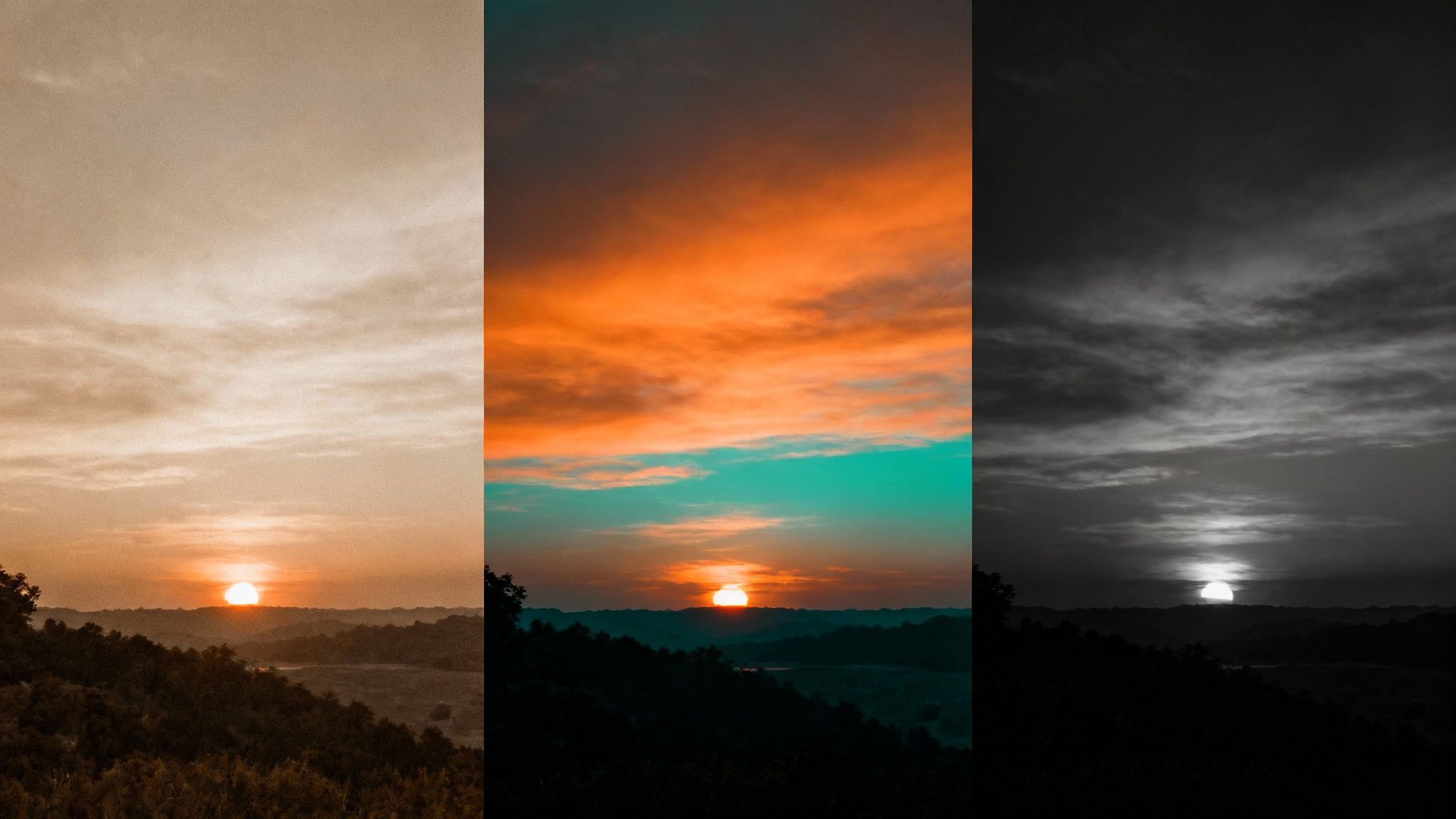 What is Color Grading in Photography? Transform Your Images 4 An image split into four quadrants, each showing a different dramatic color grade—warm vintage, cool cinematic, vibrant high-contrast, and moody monochrome—to illustrate mood shifts.
