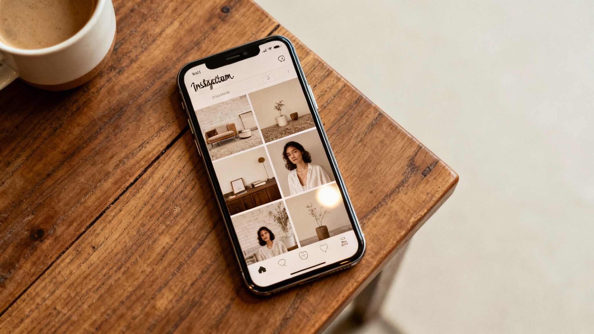 Master Retro Presets for Lightroom 3 iPhone displaying Instagram feed with minimalist beige aesthetic photos on wooden table with coffee