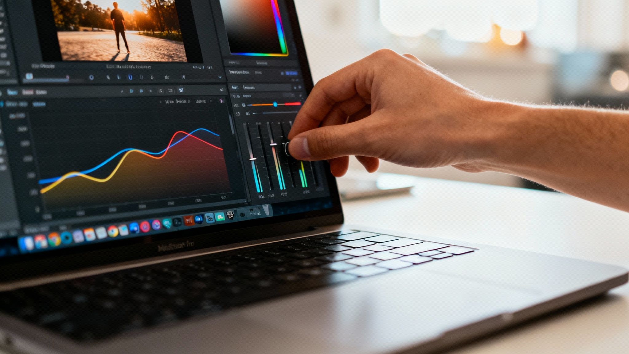 Master Retro Presets for Lightroom 2 Professional video editor adjusting color grading curves and sliders on MacBook Pro laptop screen