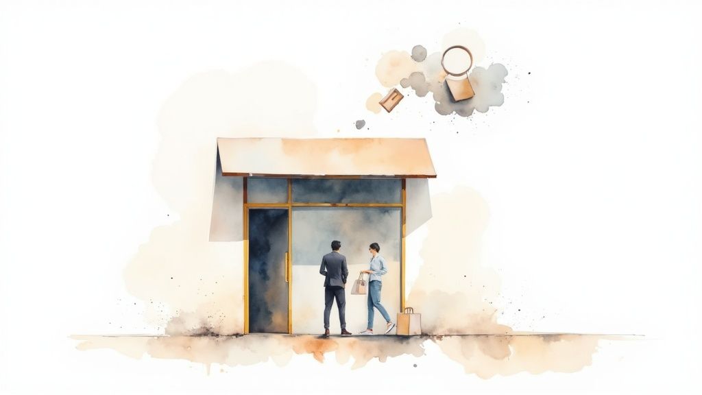 A person using a magnifying glass to look at a search bar on a laptop screen, symbolizing the analysis of search intent.