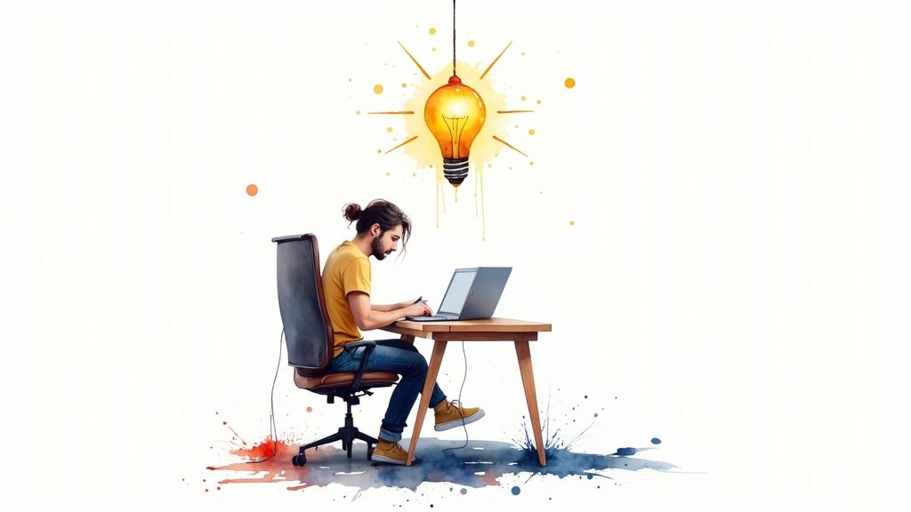 A person focused on writing a guest post on their laptop, with a professional and clean workspace.