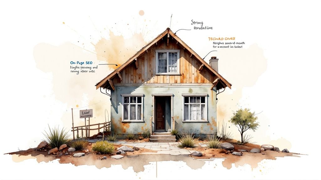 Four distinct columns representing the pillars of technical, on-page, off-page, and local SEO.