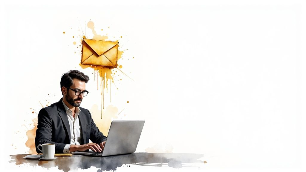 A stylized graphic showing a person sending an email that branches out to reach a diverse audience, symbolizing the power of an email list.