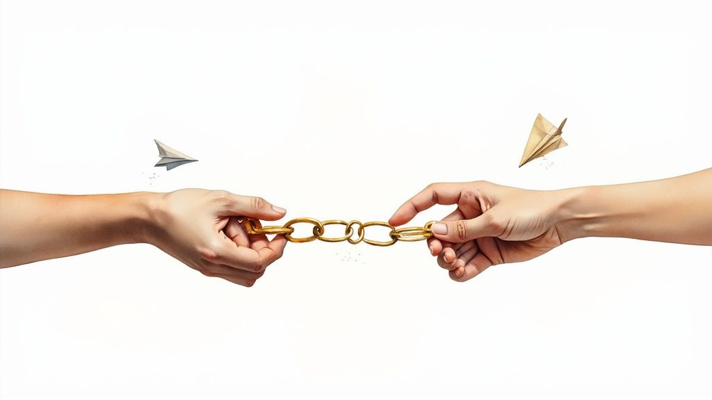Close-up of two people shaking hands, symbolizing building professional relationships for link building.