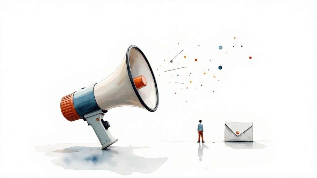 A person holding a megaphone, with social media icons and email symbols flying out, representing content promotion.