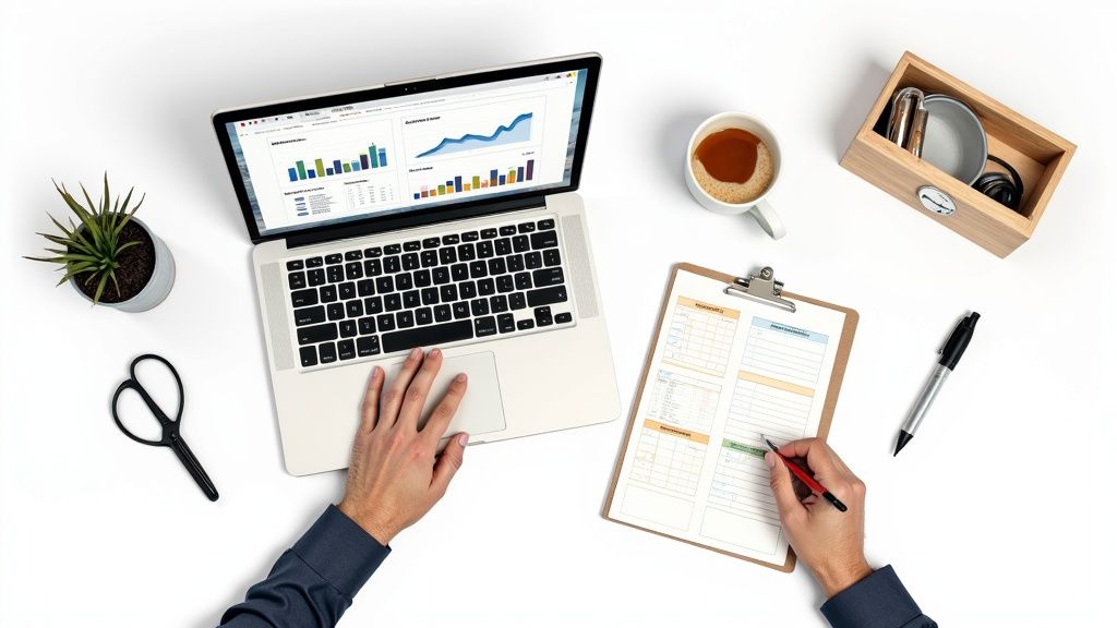 A person working on a laptop with charts and graphs, representing a website content audit toolkit.
