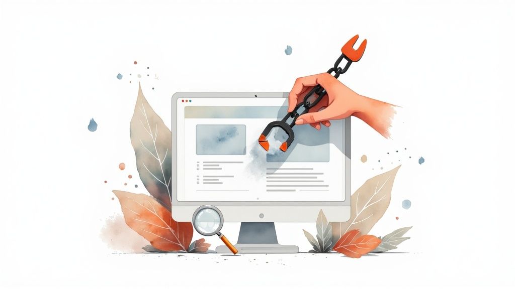 A person using a laptop with various link building tactic icons floating around.