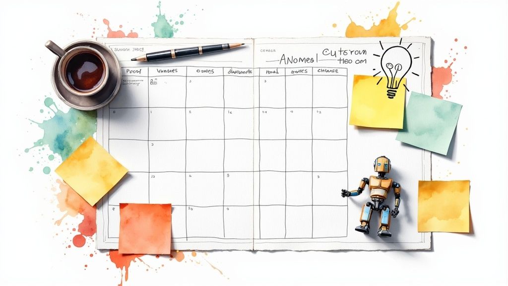 A person at a desk with a laptop and sticky notes on the wall, representing planning a social media blueprint.