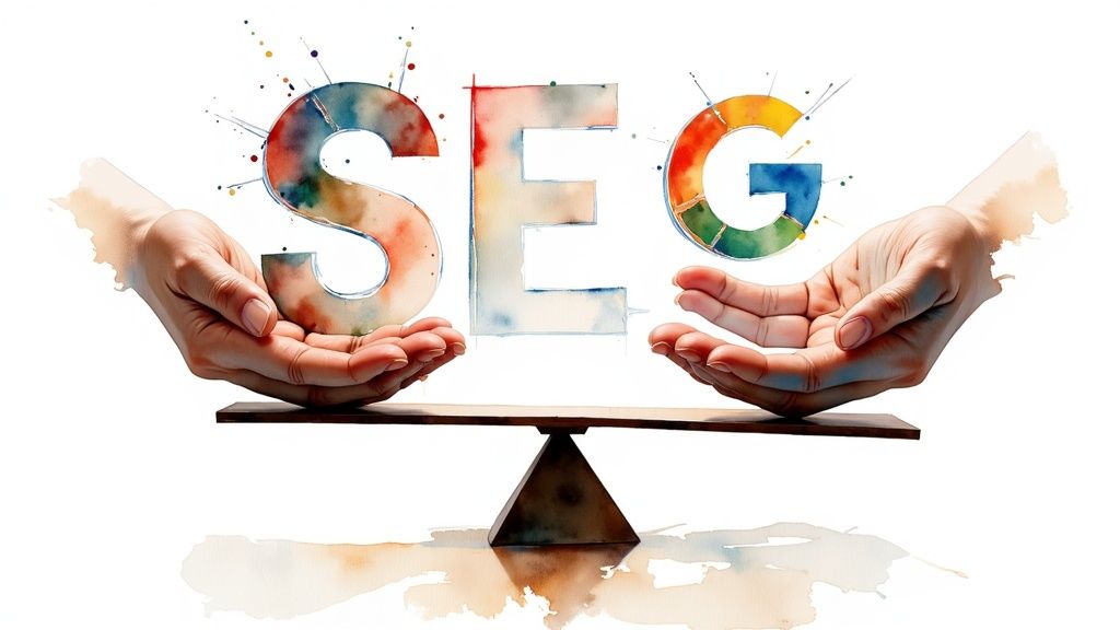 A person at a desk comparing different AI SEO tool interfaces on a large screen