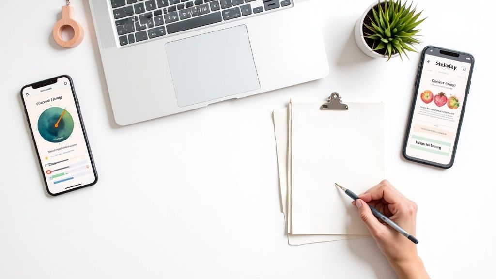 A person working on a laptop with charts and graphs in the background, symbolizing strategic planning for blog growth.
