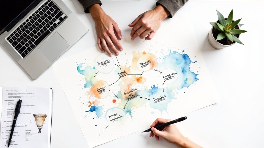 A person drawing a complex B2B SEO strategy on a whiteboard