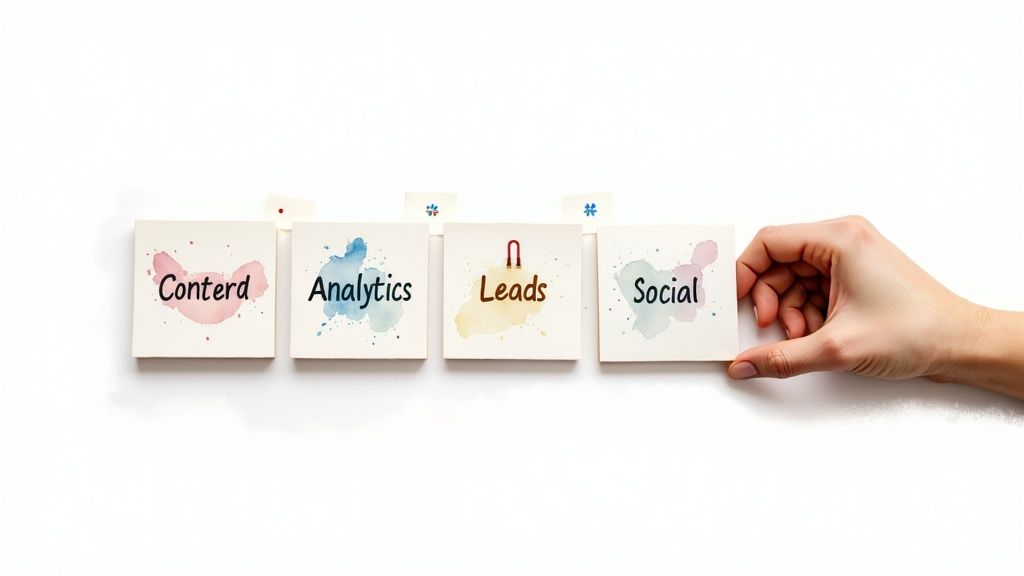 A digital interface showing AI-powered marketing functions with interconnected data points and icons.