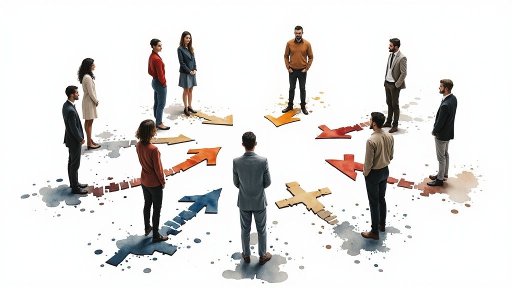 Team members from different departments collaborating on a project board