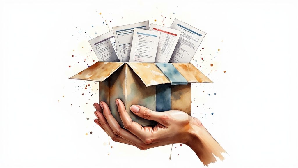 A graphic showing a person receiving a gift-wrapped box from a laptop screen, representing a valuable lead magnet.