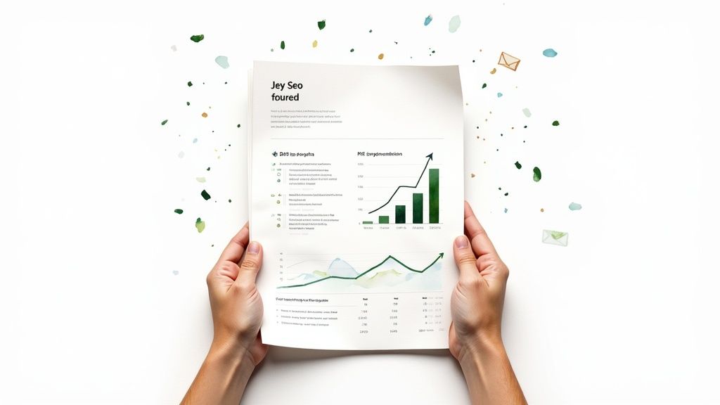 A person presenting a dashboard with upward-trending graphs to a team, symbolizing SEO success