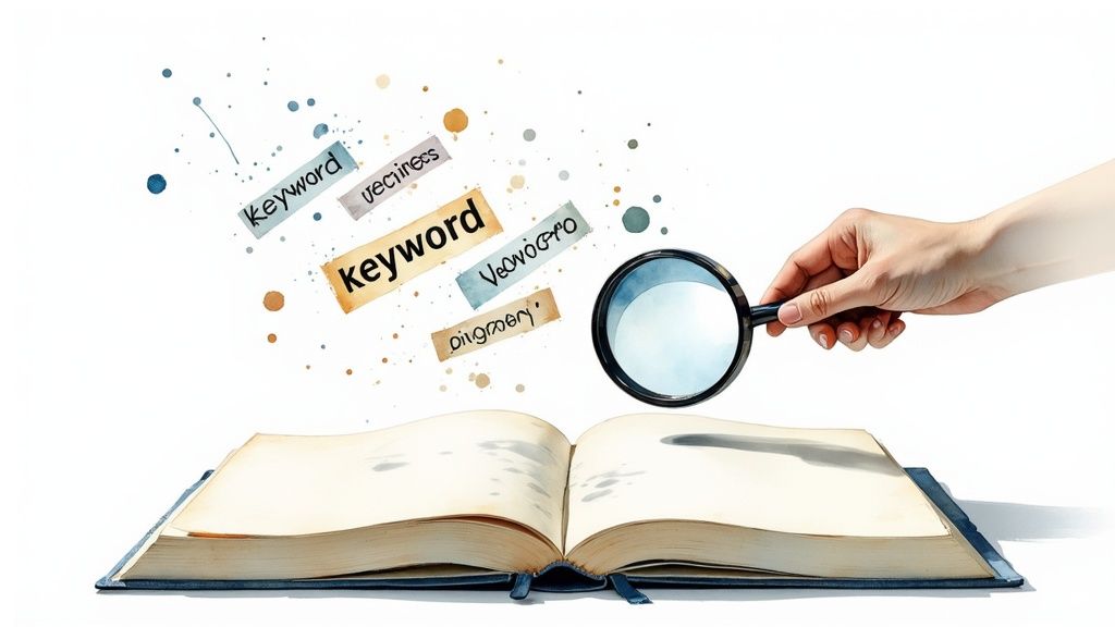 A person writing on a laptop, surrounded by creative ideas visualized as lightbulbs and sketches.